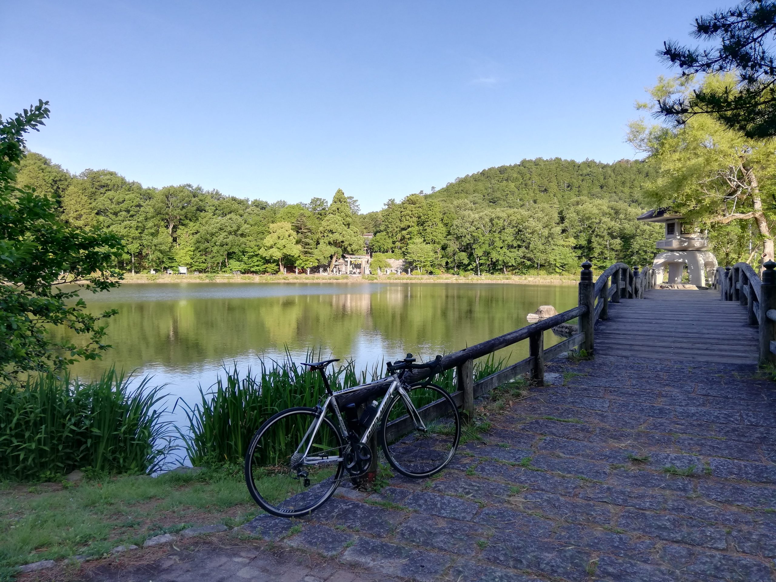 池の反対側から三島神社に心で参拝